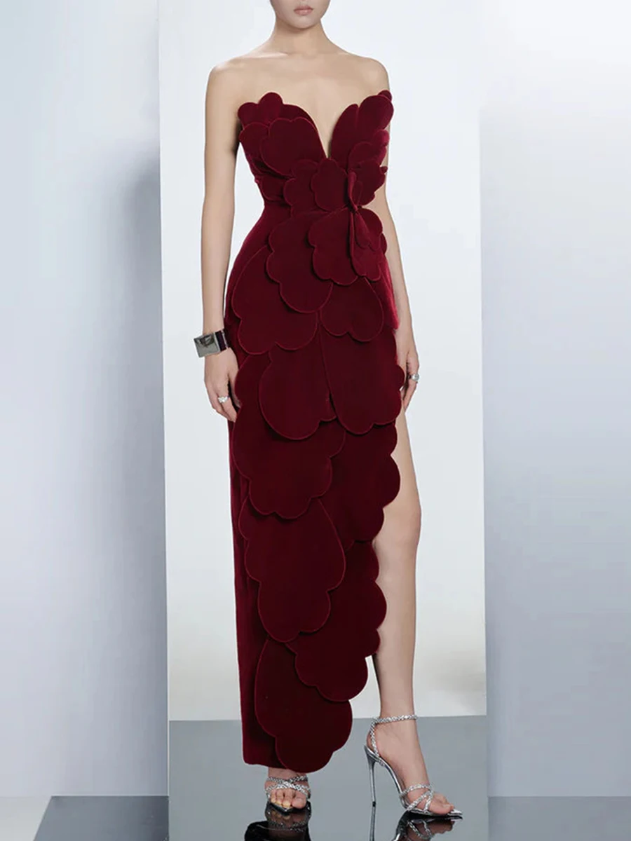 

TWOTWINSTYLE Solid Patchwork Appliques Slimming Dresses For Women Strapless Sleeveless High Waist Temperament Dress Female New