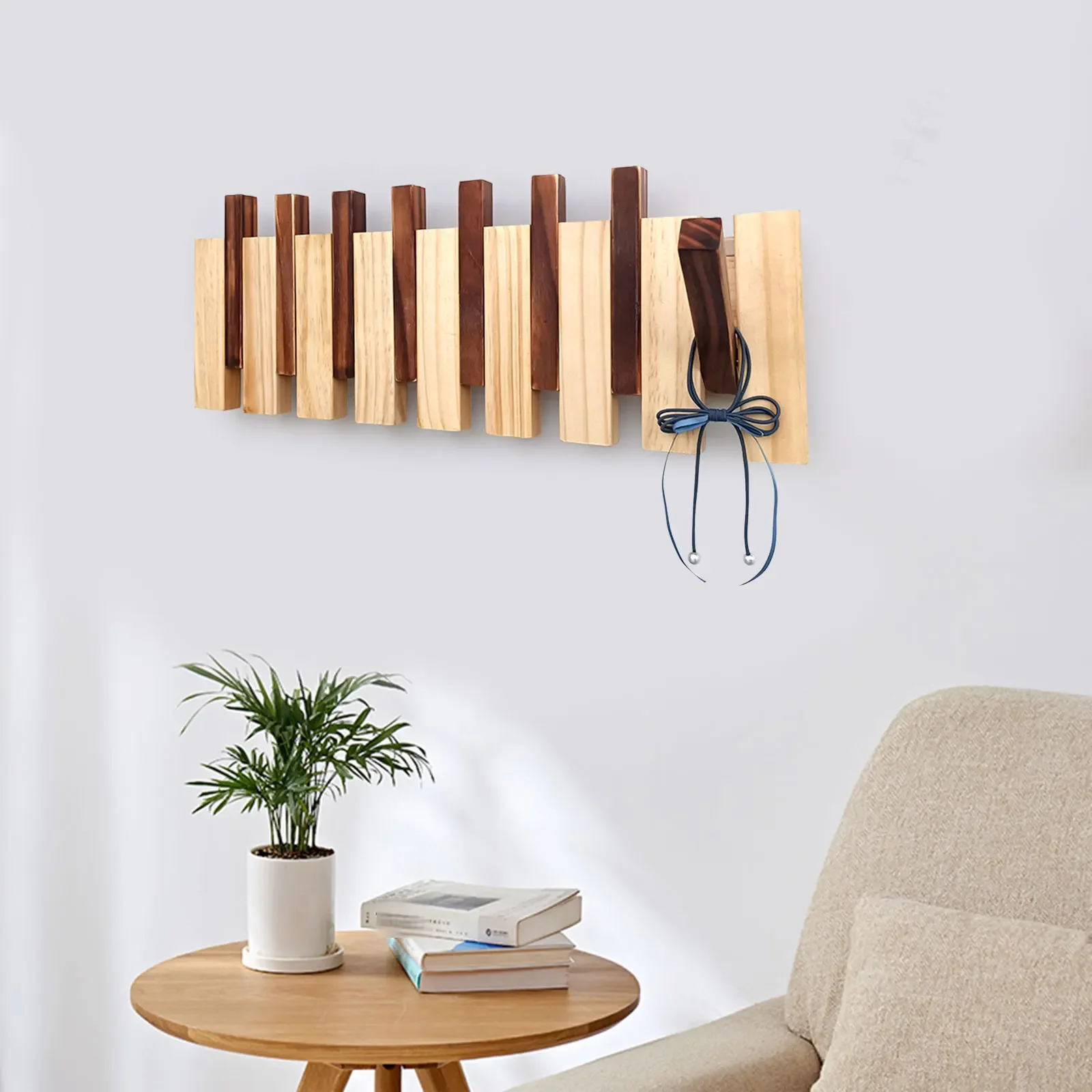 

Stylish Wall-Mounted Coat Rack, Solid Pine Wood Hanger w/ 8 Sturdy Hooks - Carbonized Finish, Modern Entryway Organizer 50x18cm