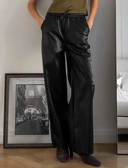 

Autumn and Winter Fashion Sexy Temperament Matte Leather Pants Retro High-End High Waisted Velvet Straight Leg Leather Pants