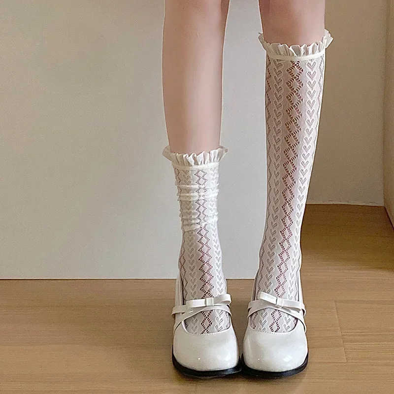 Ruffle Socks Women Hollow Out Sexy Lace Mesh Fishnet Stockings Knee Socks JK Lolita Sweet Girls Cute Long Socks Women Stockings