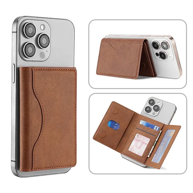 Magsafe Phone Credit ID Card Holders Wallets Men Women PU Leather Magnetic Trifold CardHolder Purse for Apple 15 Pro Max Plus