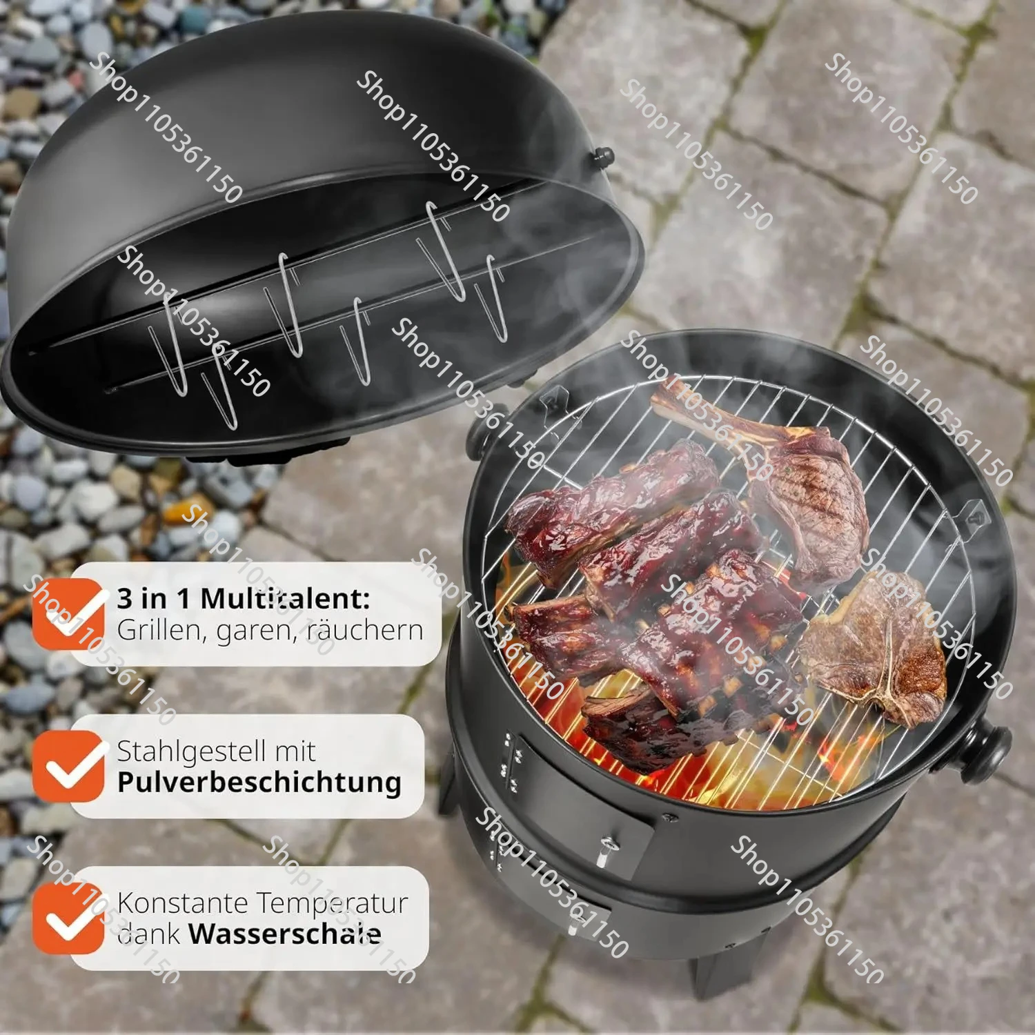 3 in 1 Outdoor BBQ Charcoal Grill, Barbecue, Smoker with Thermometer