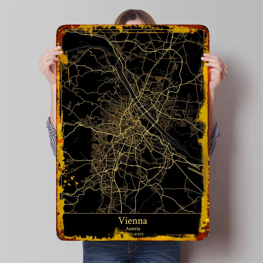 Vienna Austria City Map Metal Wall Art Modern Home Decor Minimalist Design Office Decoration Geometric Urban Print