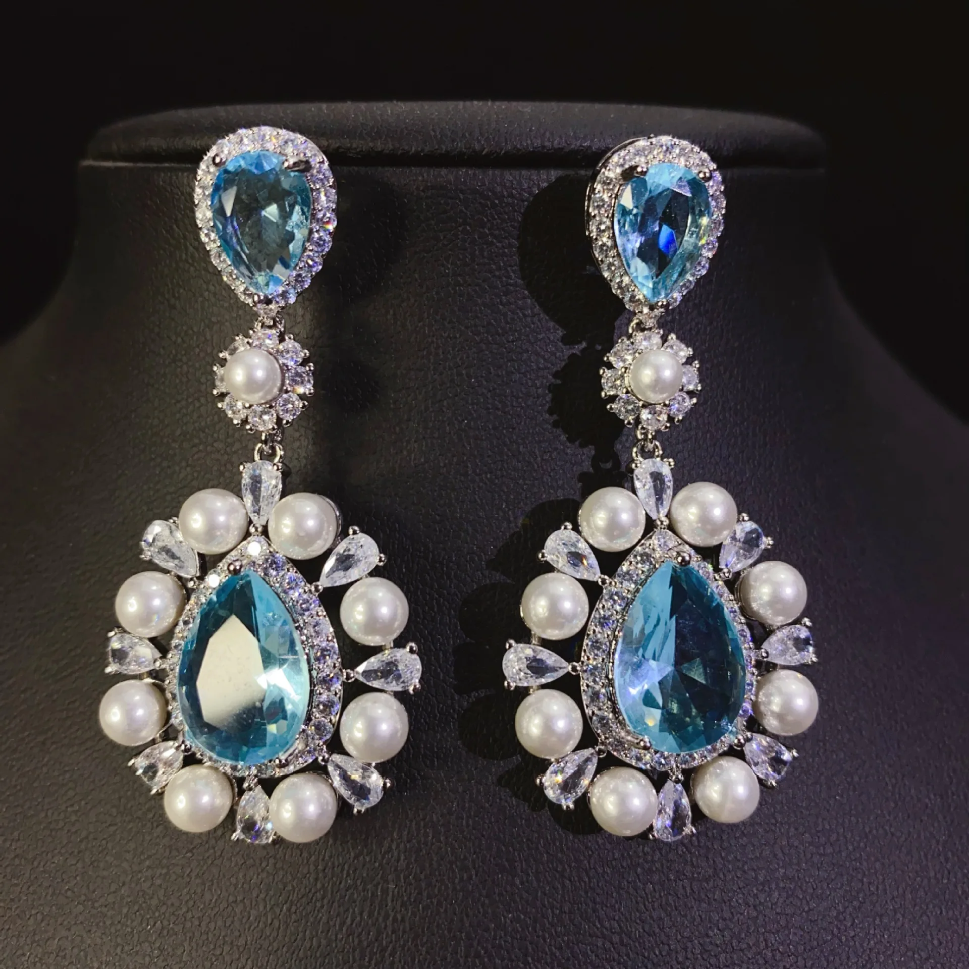 

Elegant and gentle sky blue shining pendant pearl earrings light luxury jewellery set holiday party gift wedding women E252