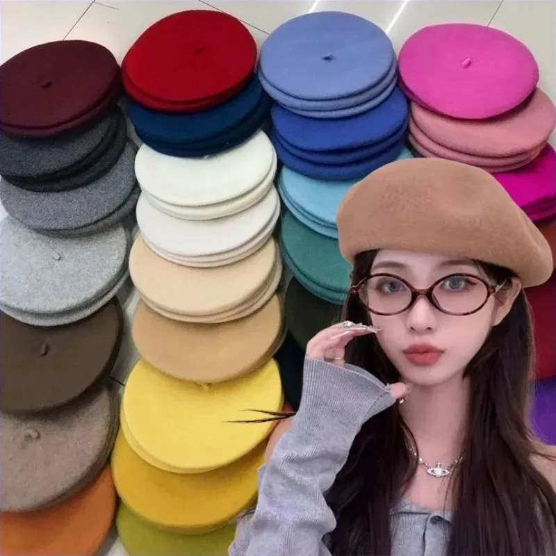 

Vintage Women Girl Simple Beret French Warm Wool Winter Beanie Hat Cap Plain Beret Hats Solid Color Elegant Lady Winter Caps