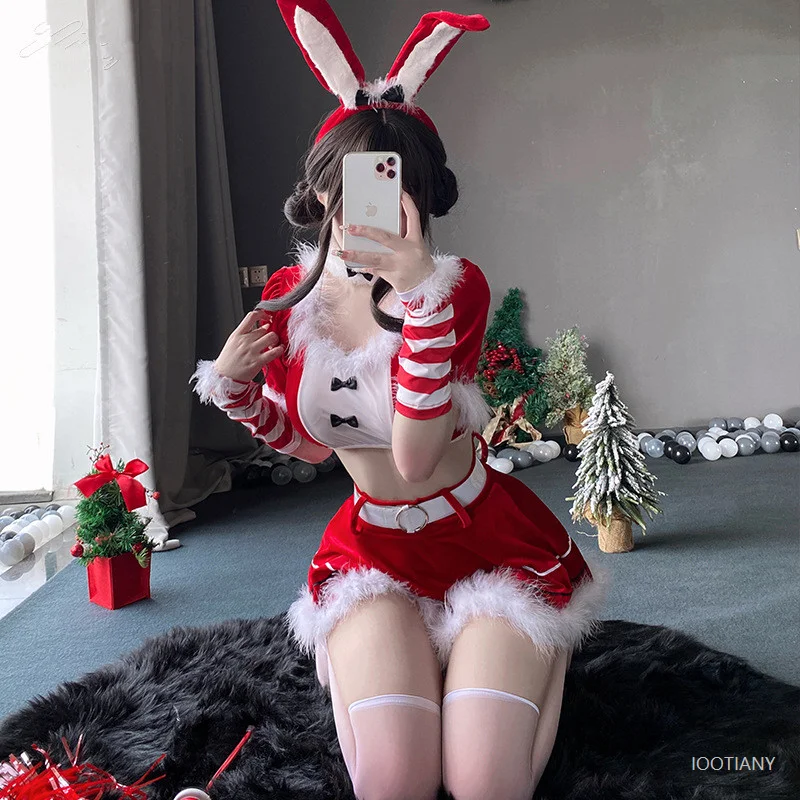 

Women Christmas Lady Santa Claus Cosplay Costume Winter Top Skirt Belt Headwear Sexy Lingerie Maid Bunny Uniform Fancy Dress