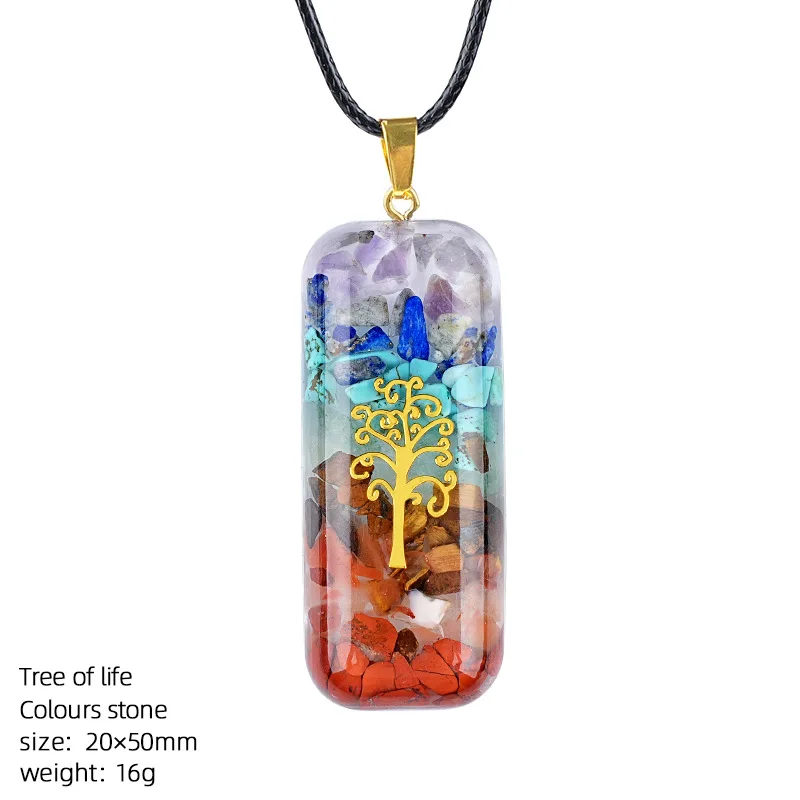 Tree of Life Rune Epoxy Wrapped Colorful Chip Crushed Stone Pendant Rectangle Charm Yoga Meditation Healing Necklace Jewelry