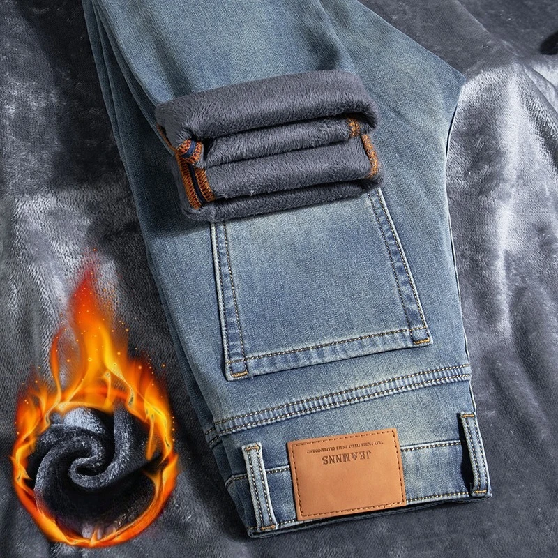Winter Plush Thick Jeans for Men, Slim Fit Straight Leg, High-end Retro Trendy Brand Elastic Long Pants