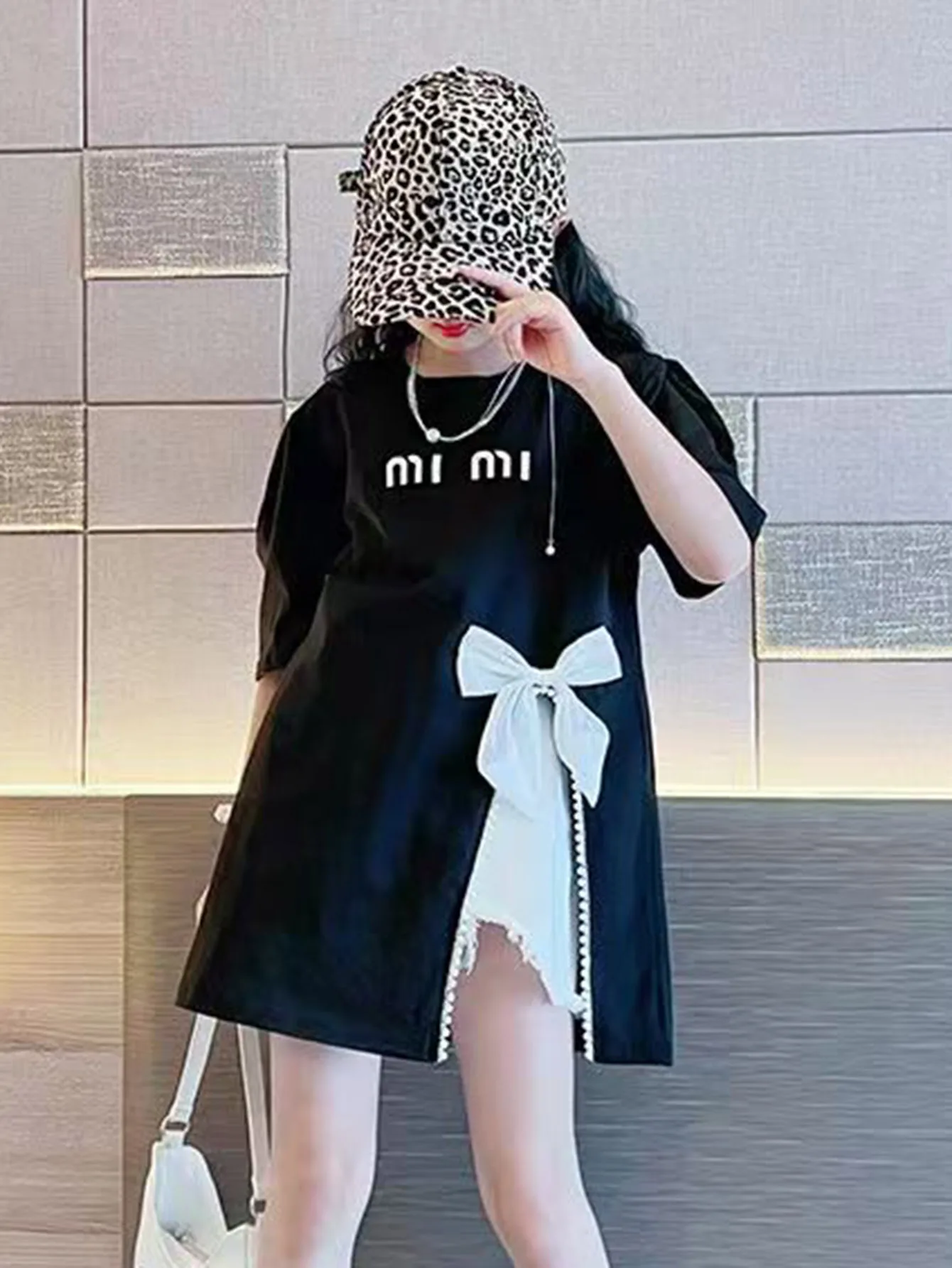 Chic Summer Street Style Mid-Length Girls' T-Shirt, Bow-embellished slit design Children tops for Tween Girl 3-12 Years image 3