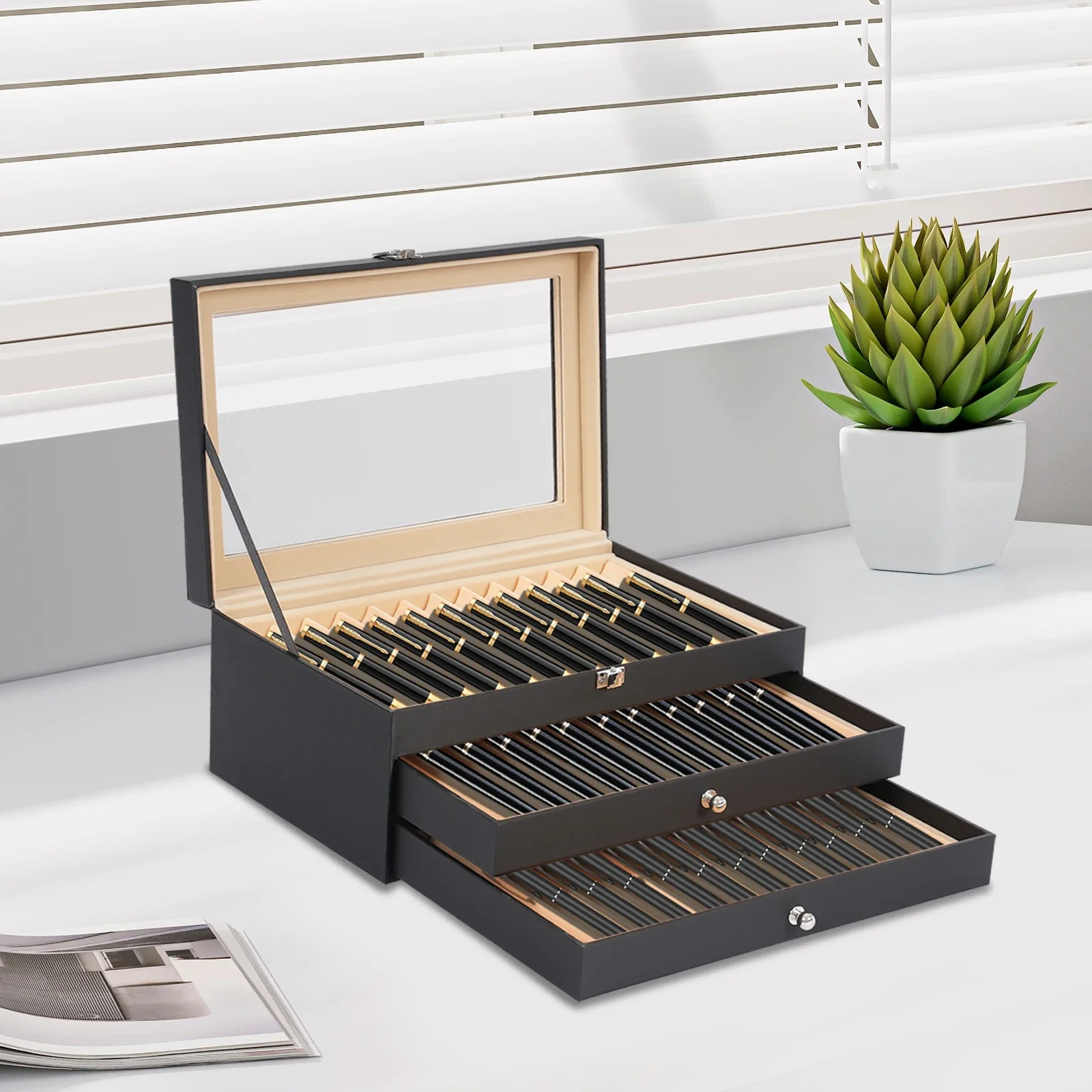 

36-Pen Display Box 3-Tier Storage Case Clear Glass Organizer for Home Office Store Luxurious Elegant Protective