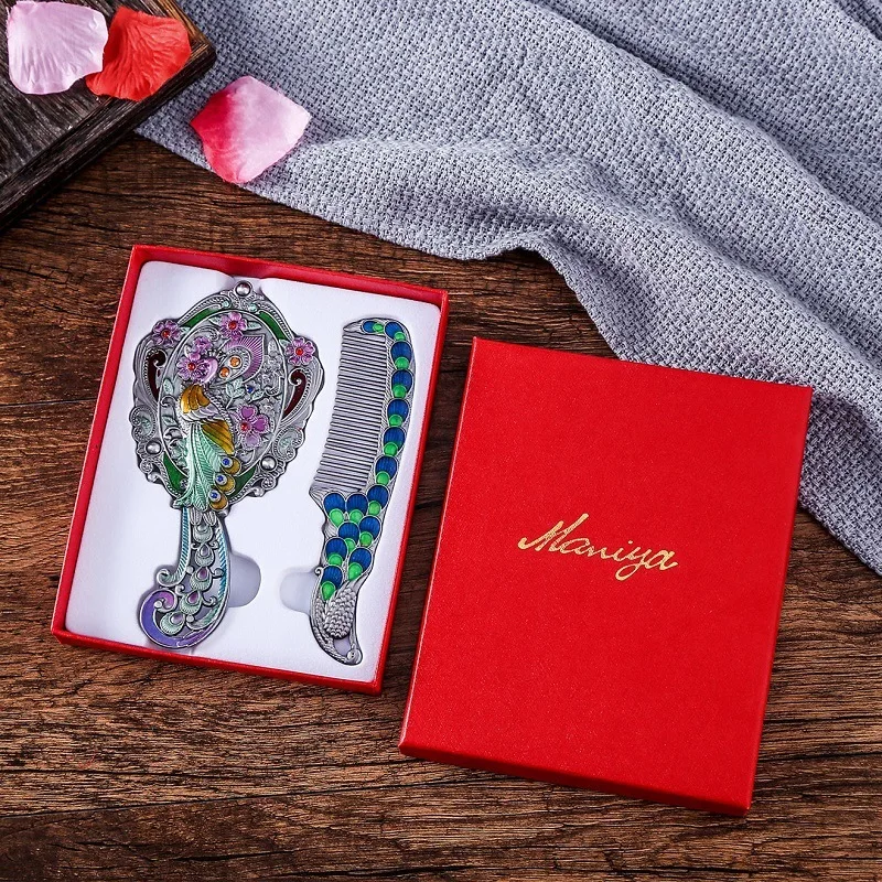 cshou98 Make Mirror Chinese Vintage Hollow-out Carving Rhinestone Mirror Comb Set with Gift Box Elegant Pocket Mirror for Women