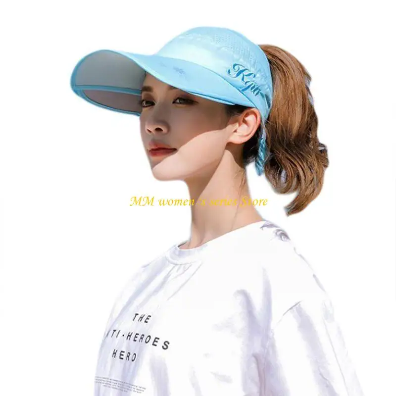 Q39C Women Summer Retractable Wide Brim for Sun Visor Hat Empty Top Bowknot Outdoor Cycling Letters Embroidery UV for Protection