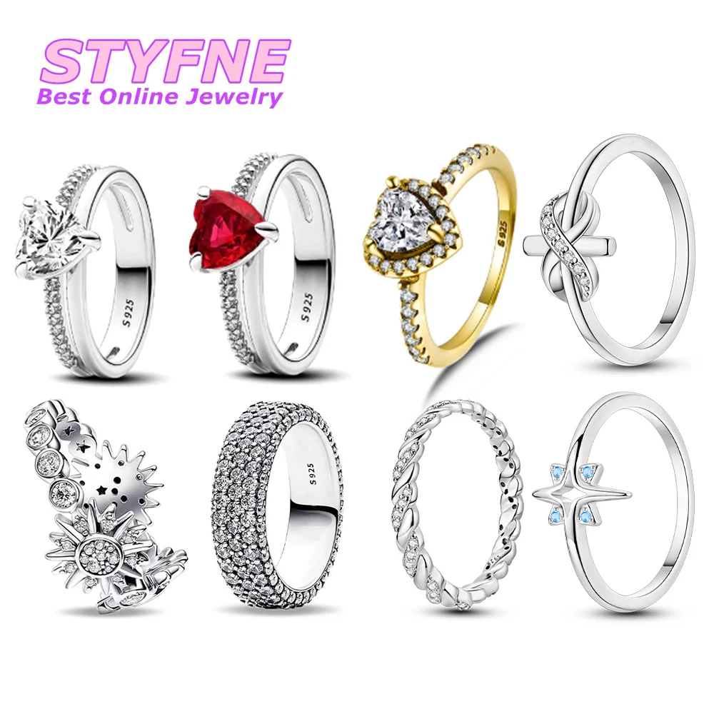 Women 925 Sterling Silver Hearts-Shaped Crown Flower Stars And Curve Stripe Rings Jewelry Anniversary Birthday Fashion Gifts