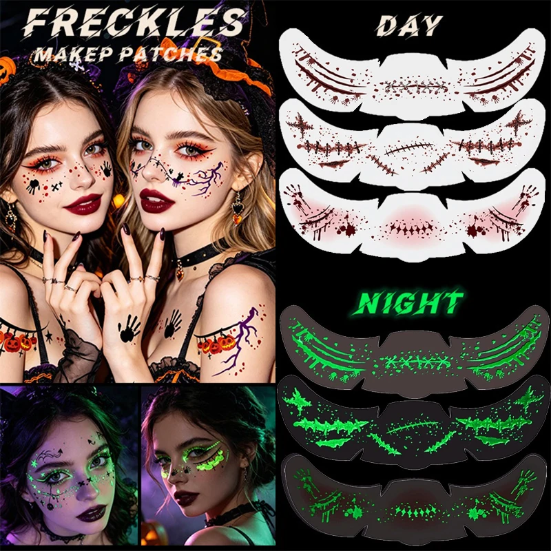 Luminous Face Bloodstain Tattoo Sticker Halloween Water Transfer Printing Simulated Makeup Sticker DIY Skull Ghost Hand  Sticker