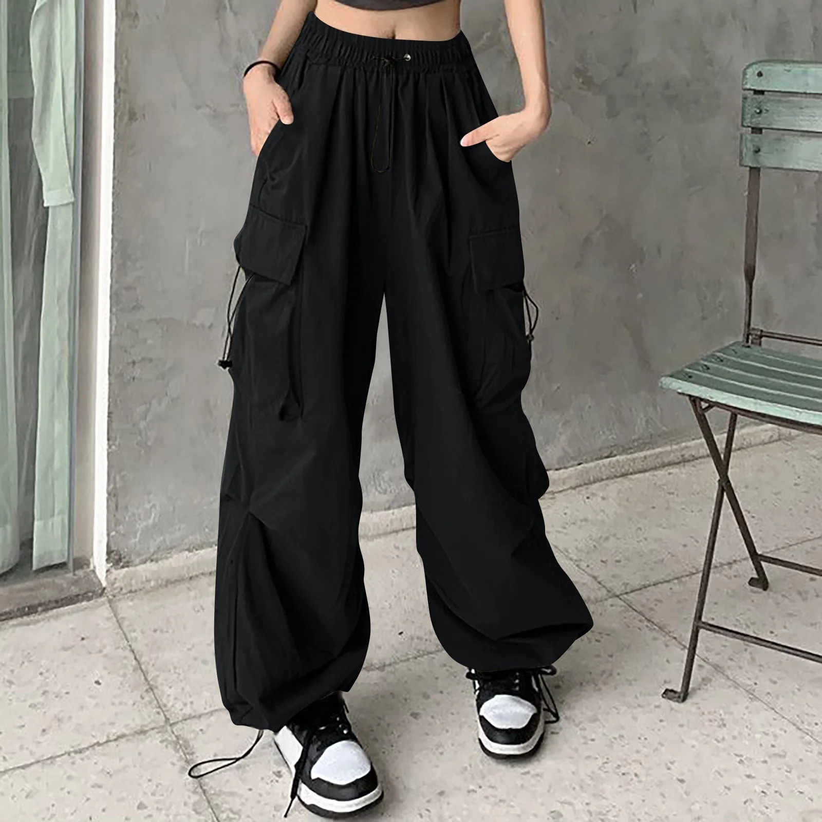 

Ladies Lace-Up Elastic Solid Color Casual Trousers Slim Fit Small Feet Belted Women'S Cargo Pants Wide Leg High Waist Sweatpants