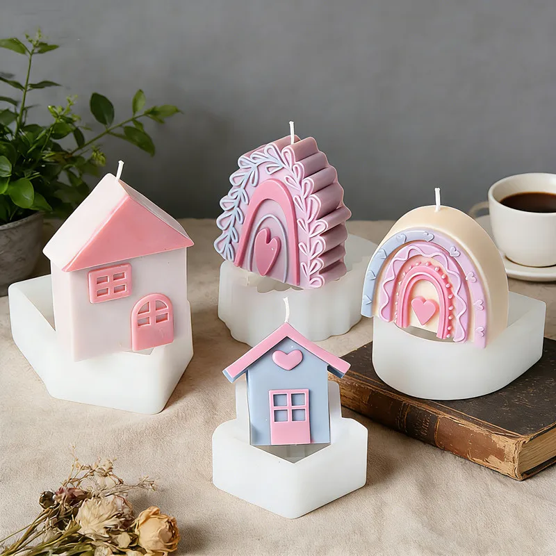3D Heart House Arch House Silicone Candle Molds DIY Heart Rainbow House Resin Crafts Silicone Mold Home Decoration Gifts