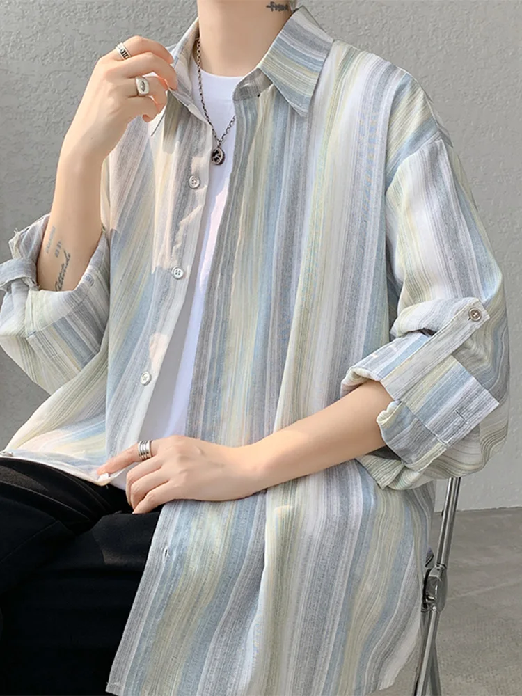 

Ice Silk Stripe Men's Long Sve irt Summer Thin Casual Sun Protection Faion Brand Loose Seven Sve Outerwear