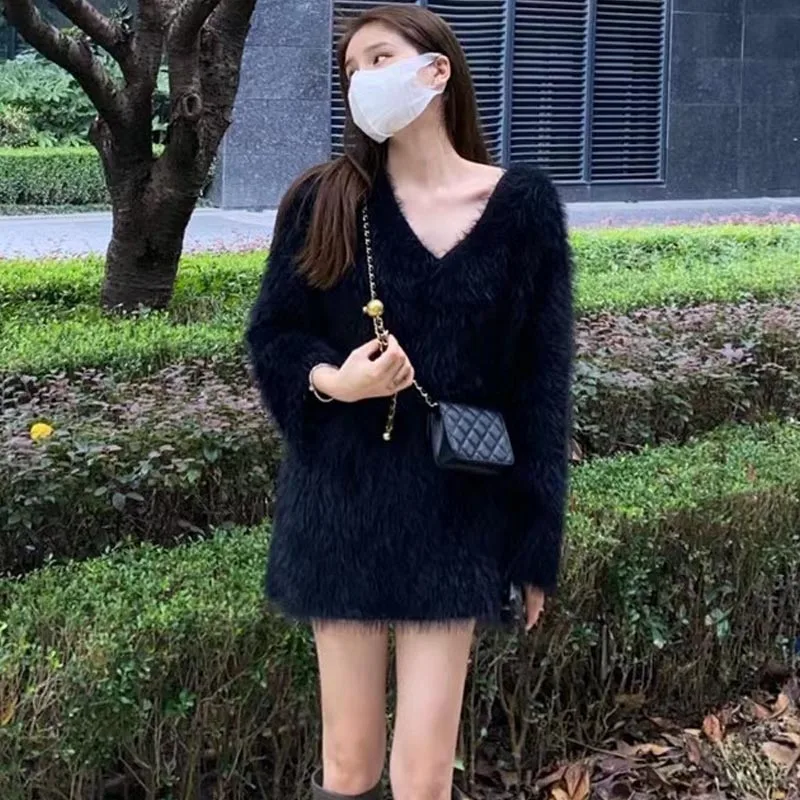 Ele V-Ne mittellange lange Pelz-Strickwaren, weich, weiß, sanft, für Damen, Faion Commute Sle, Kunstpelz, Wärme, Herbst und Winter