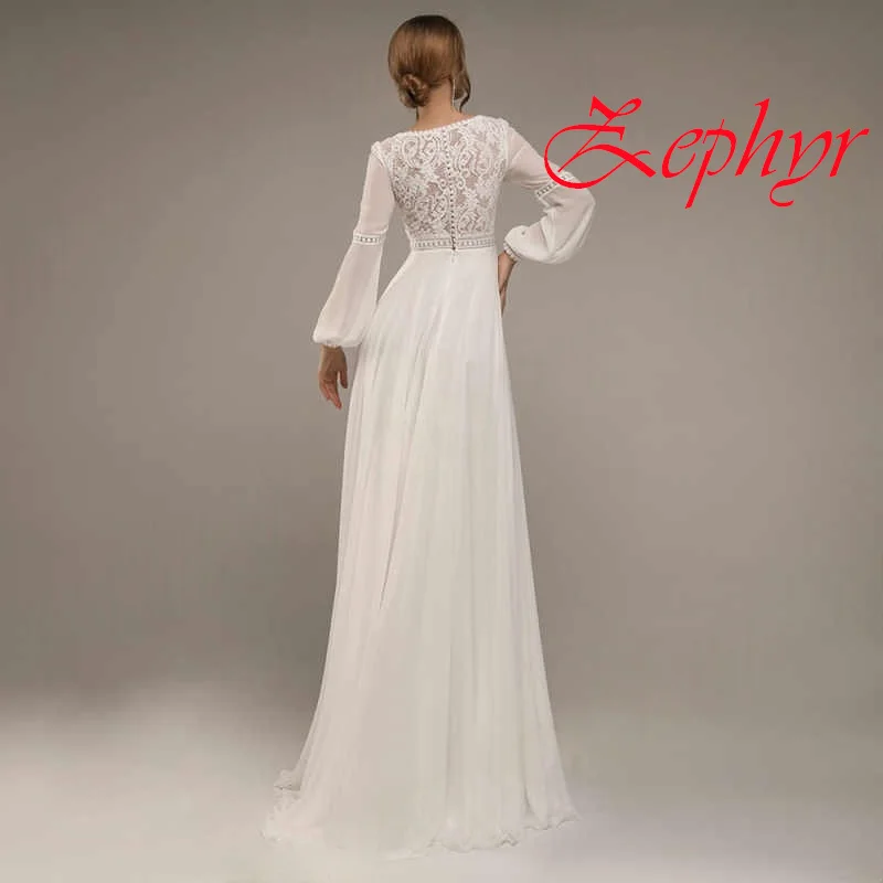 Vestido De Novia De manga larga con cuello en V De gasa blanca personalizado, vestidos De Novia De temperamento suave bohemio, Vestido De Novia De encaje, tren De barrido
