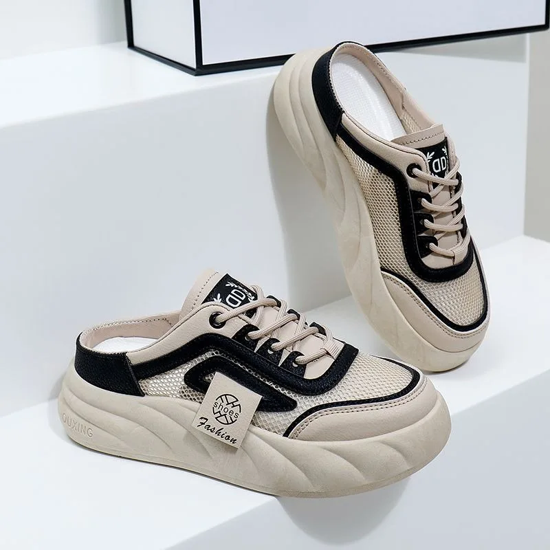 Thick soled round toe women's mesh half back shoes 2024 spring new item niche fashion casual shoes