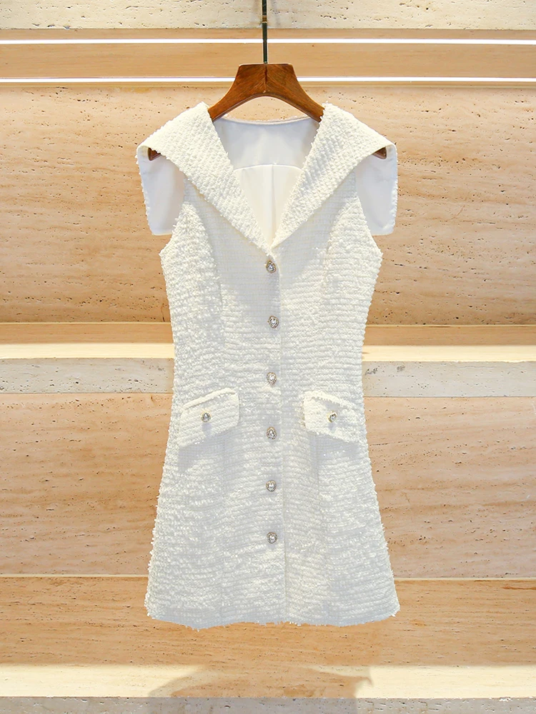 

Luxury Navy Collar Diamond Button Vest Dr Women's Faion Ele A-Line Skirt High Waist Spring Summer Autumn ort Dr