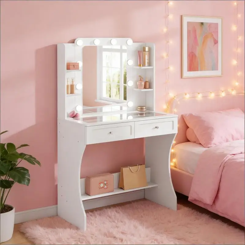 Coiffeuse blanche avec panneau E1, plateau en verre trempé, miroir, 4 compartiments ouverts + 2 tiroirs avec séparateur réglable, système anti-basculement sécurisé, charge maximale 50 kg, montage simple pour chambre, rangement cosmétiques et bijoux.