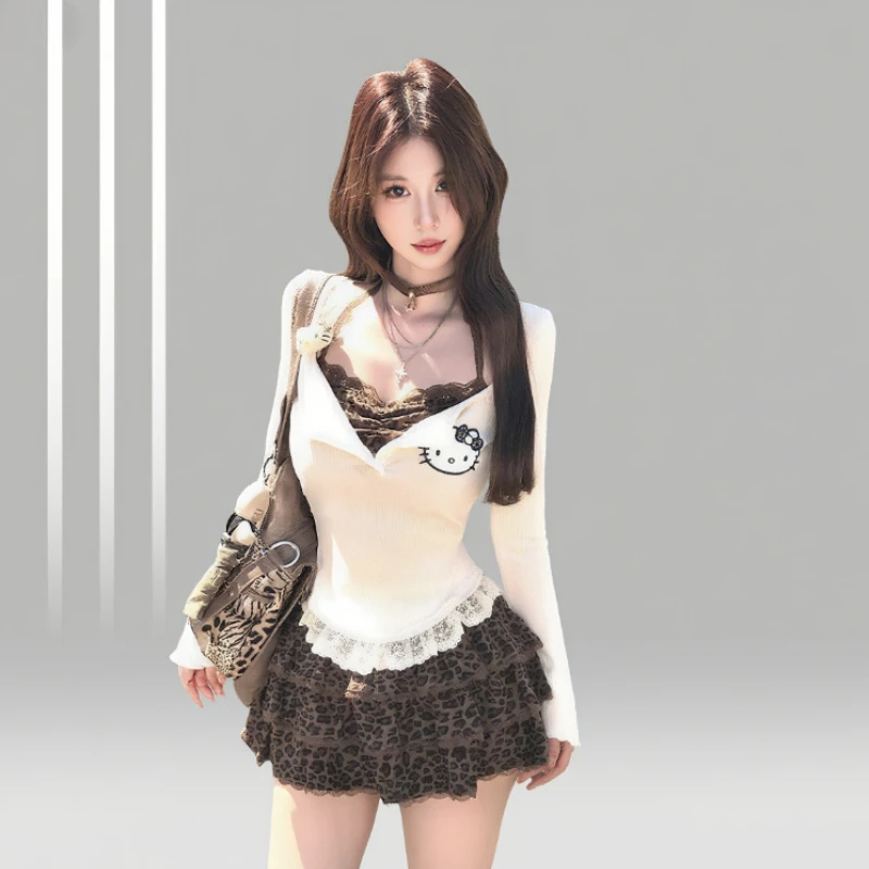 

Cute cartoon Hello kitty girl leopard print fake two-piece suit Comfortable and soft Creative design cake skirt Holiday gift
