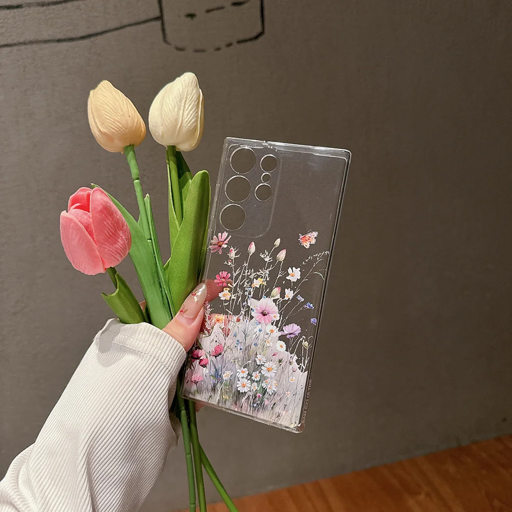 For Samsung Galaxy S21 S22 S23 S24 Ultra Plus FE Case Transparent Flower Shockproof Protection Soft silicone Cover Accessories