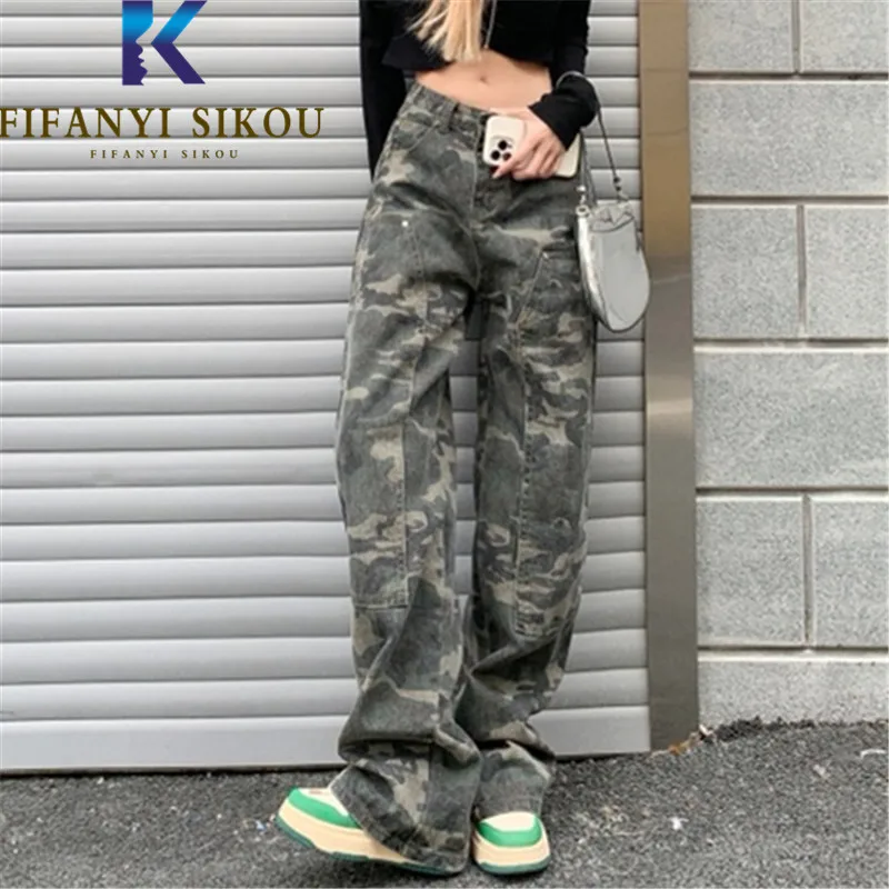 

Jeans for Women Streetwear Camouflage Denim Cargo Pants Pocket Fashion Spliced High Waist Wide Leg Loose Washed Jeans Female