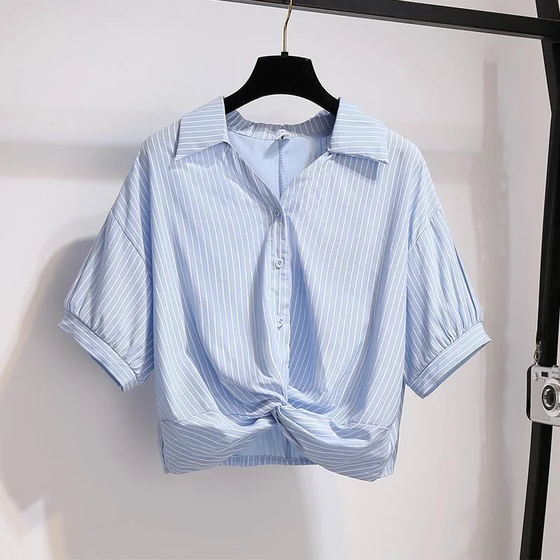 

Woman Spring Summer Style Blouses Shirts Lady Casual Short Lantern Sleeve Turn-down Collar Striped Printed Blusas Tops DF4843