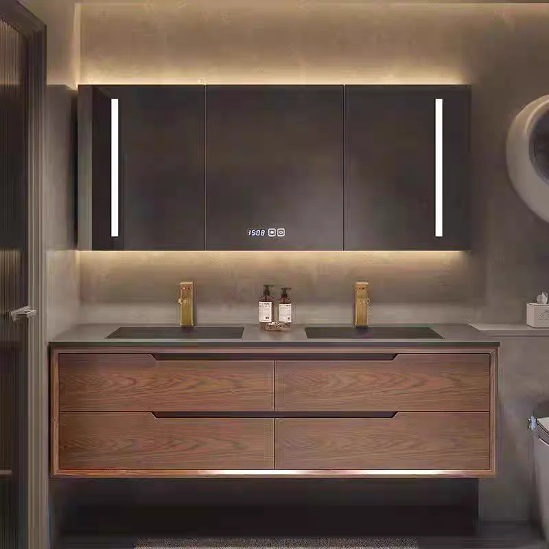 New Chinese Style Red Oak Bathroom Cabinet, Rock Slab Seamless Ceramic Integrated Basin, Washbasin, Face Washing And Hand Wash