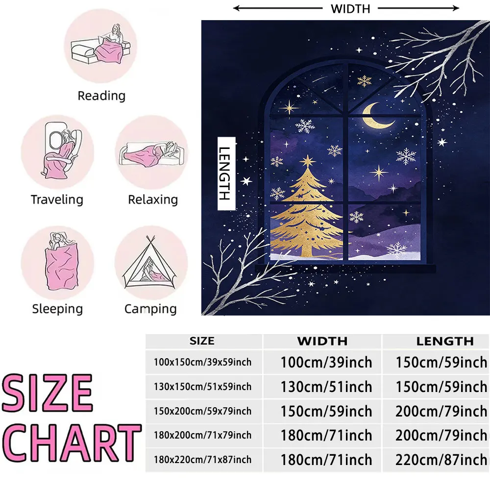 230g flannel blanket featuring a window view of a golden Christmas tree suitable for all seasons and as a gift