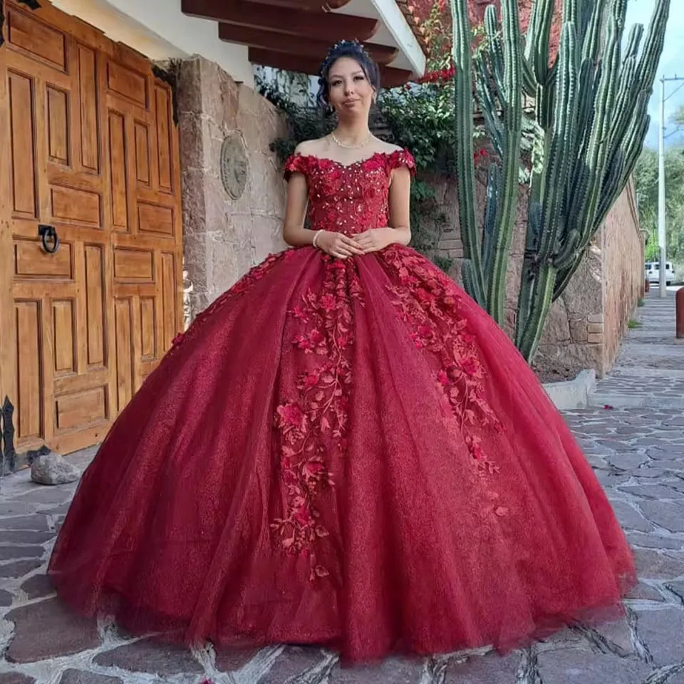 ที่กําหนดเอง Vestidos De 15 ปี 3D Burgundy Ball ชุด Quinceanera ชุดลูกไม้ Appliqued ผู้หญิงประกวด Gowns Vestido Quinceañera