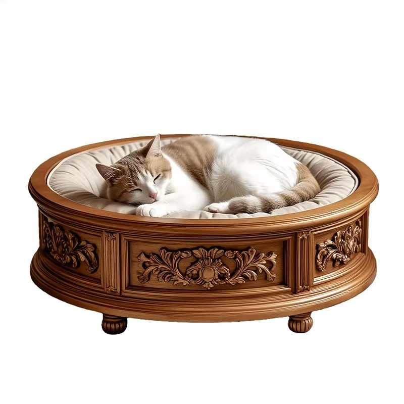 Rococo bed solid wood carved flower cat kennel luxury dog house, pet home indoor small dog cat bed