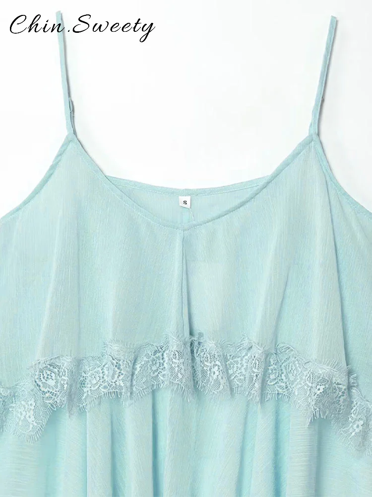 Sexy renda emendada sling topos feminino solto azul com decote em v sem mangas suspensórios plissados feminino 2025 verão senhora all-match roupas novas