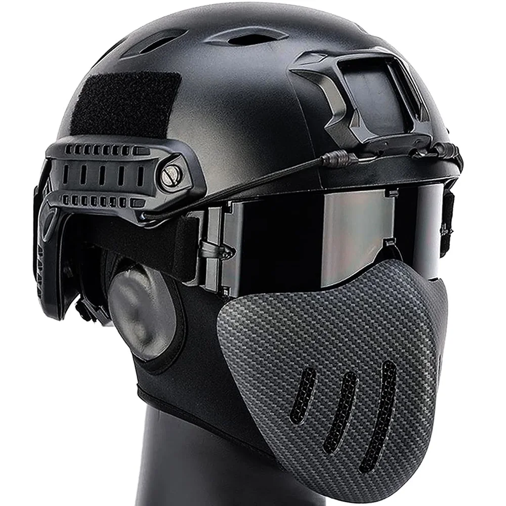 Airsoft Mesh Breathable Protective Half Mask, Tactical Airsoft PJ Helmet Set with Outdoor Protective Three-Color Goggles