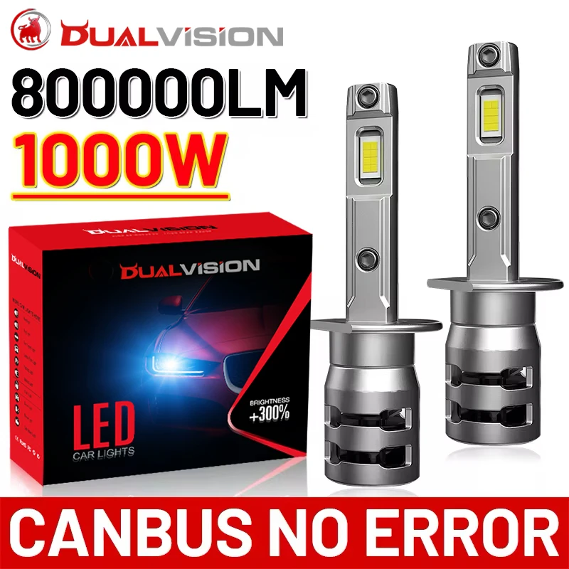 Dualvision H1 LED Headlight 800000LM 6500K 1000W 16PC 7585 CSP High Low Beam Turbo Auto Light 1: 1 Size with Fan Mini 12V 24V 36