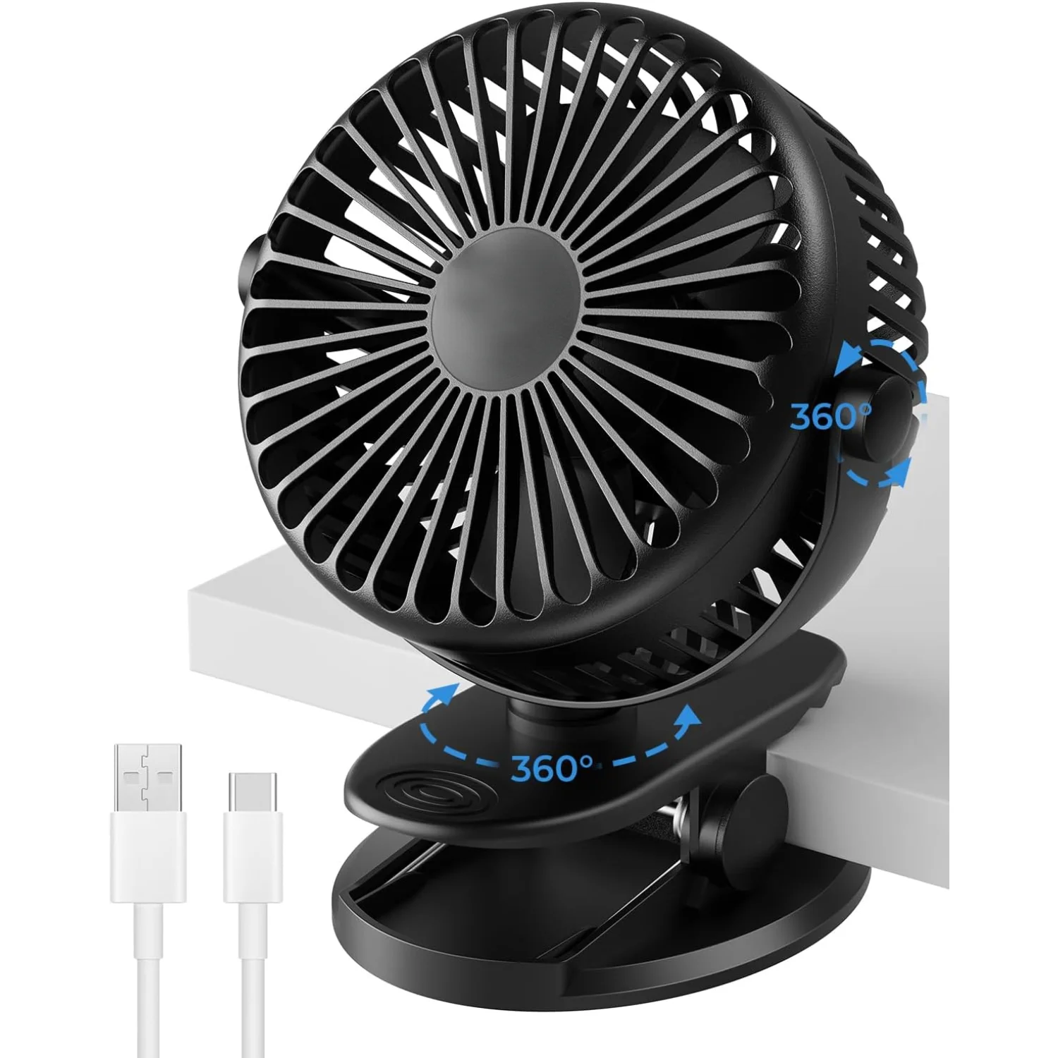 Portable Clip On Fan USB Rechargeable, Small Desk Fan Battery Operated, Baby Stroller Fan With 3 Speeds, Quiet Personal Fan For