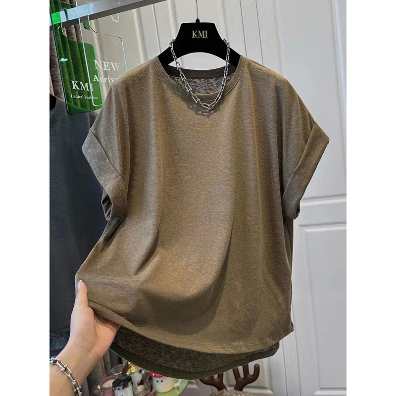 

Plus Size Women's Minimalist Crew Neck Rolled Cuff Short Sleeve T-shirt, Solid Color Summer Thin Loose Versatile 2026 Trend Tops