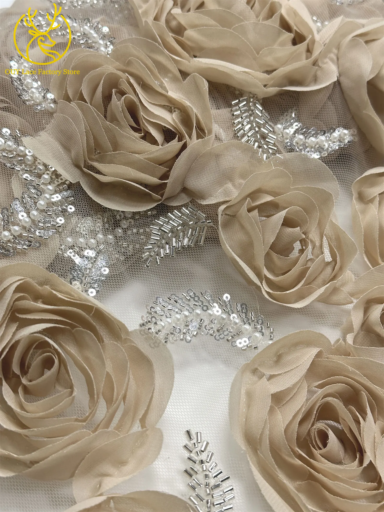 3D-Rosen-High-End Nigerianischer Tüll-Spitzenstoff 2026 – Hochwertiger afrikanischer Pailletten- und Perlen-Spitzenstoff für Brautkleider und Hochzeitskleider zum Nähen – Detail 23
