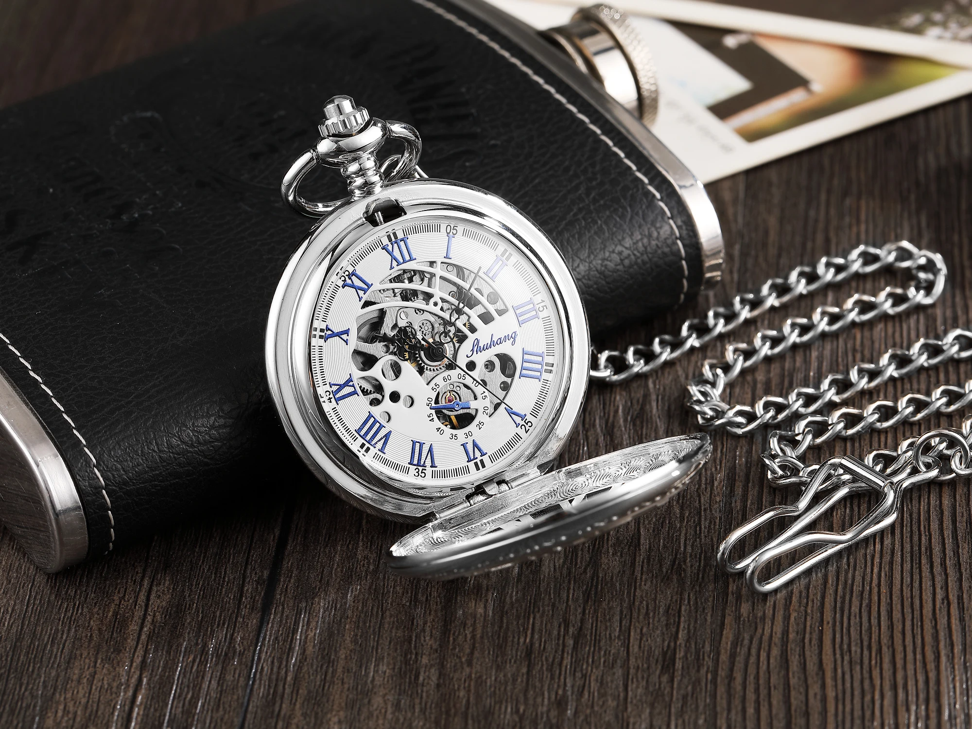 Vintage Silver Pocket Watch Mechanical Unisex Hand Wind Steampunk Necklace Fob Watch Chain Roman Numerals Clock Men Reloj Hombre