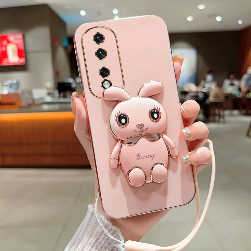 Phone Case For Huawei Honor 80 Pro 5G Luxury Plating Square Rabbit Holder With Landyard Phone Case Cover