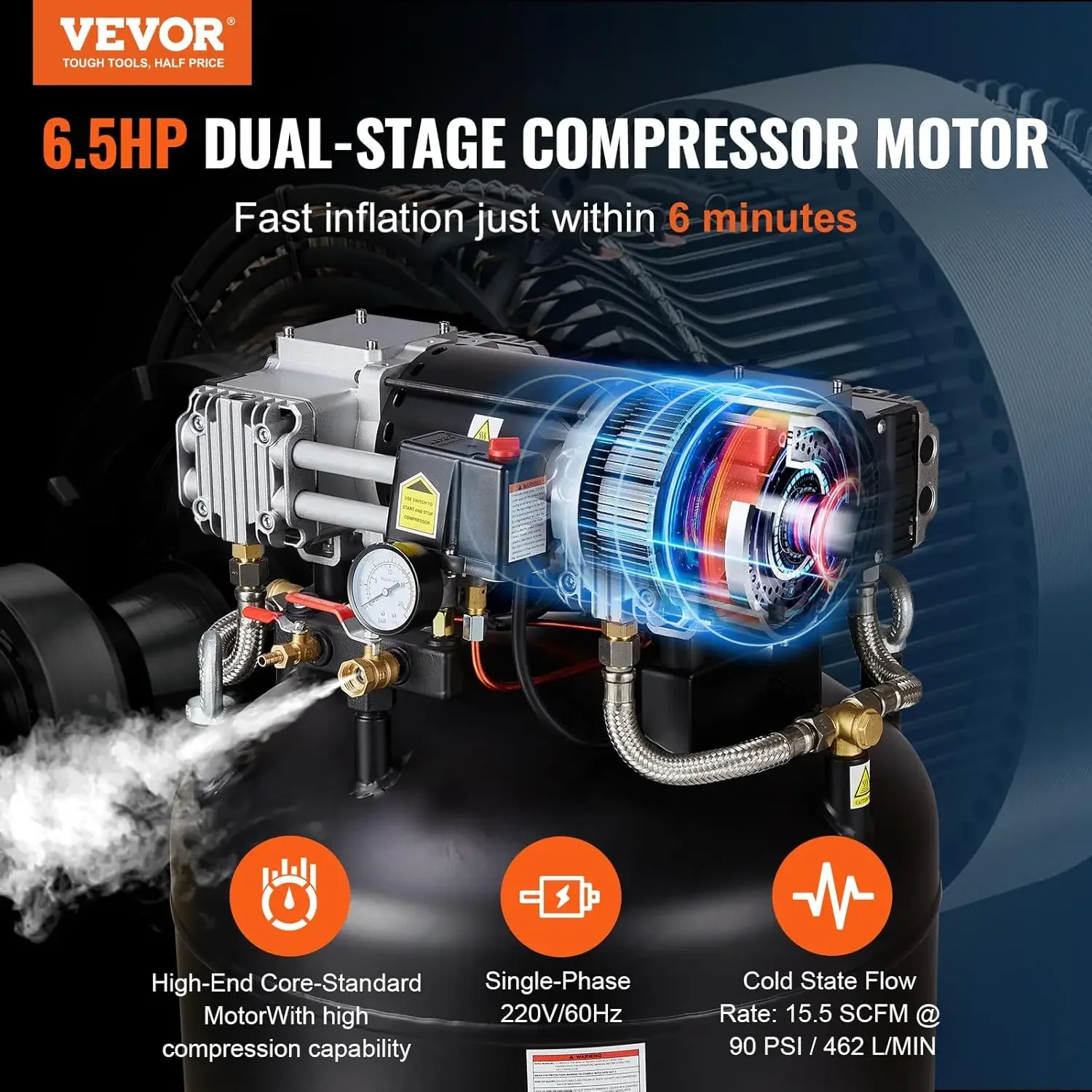 Compresseur d'air de 80 gallons, réservoir de compresseur stationnaire sans huile à 2 étages 145PSI, 6,5 HP 15,5 SCFM @ 90 PSI, compresseur silencieux