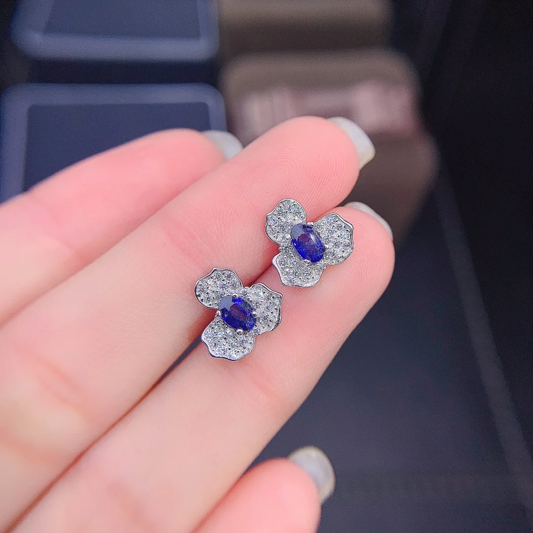 SHILOVEM 925 sterling silver Natural sapphire stud earrings fine Jewelry women wedding gift wholesale 3*4mm jcj0304562agl