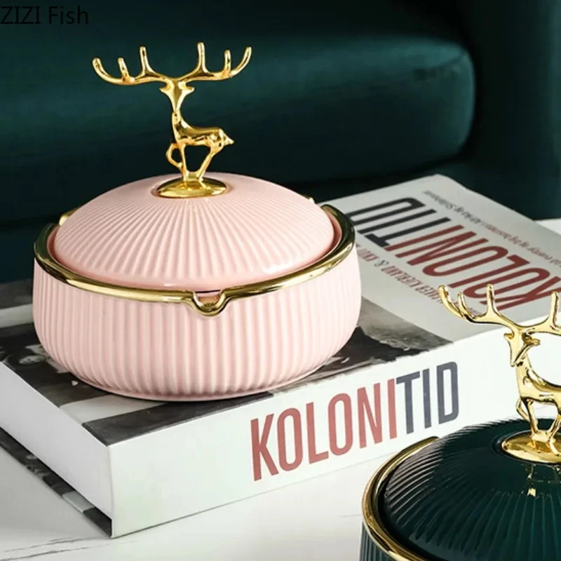 Deer Ceramic Ashtray with Lid Gold Plated Animal Decoration Modern Living Room Office Desktop Smoking Set