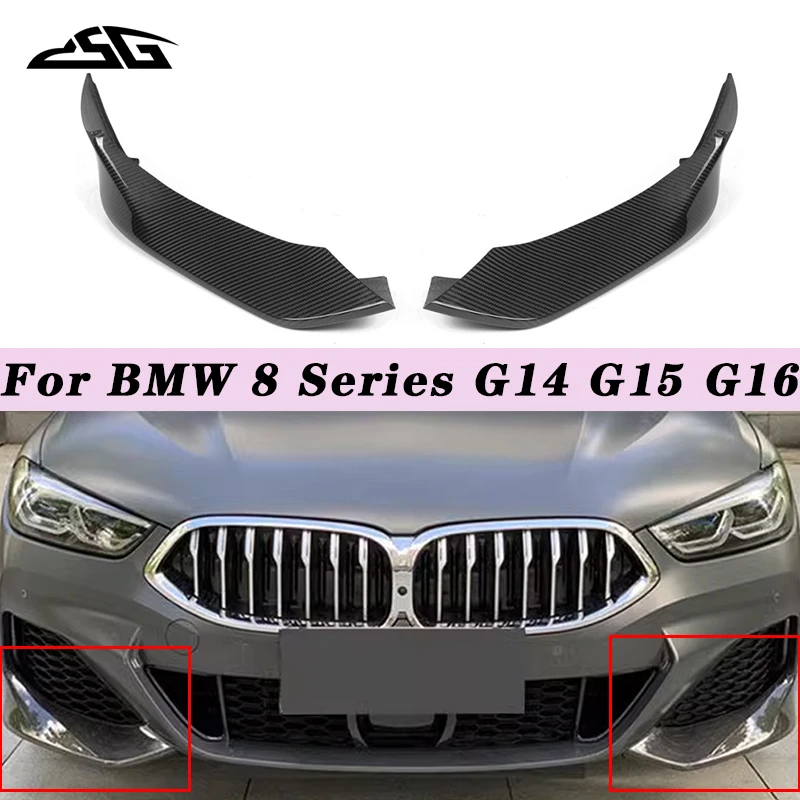 Накладки на передний бампер из карбона: сплиттер, боковые накладки, угловые накладки, канарды, воздухозаборники для BMW 8 серии G14 G15 G16 (комплект обвеса)