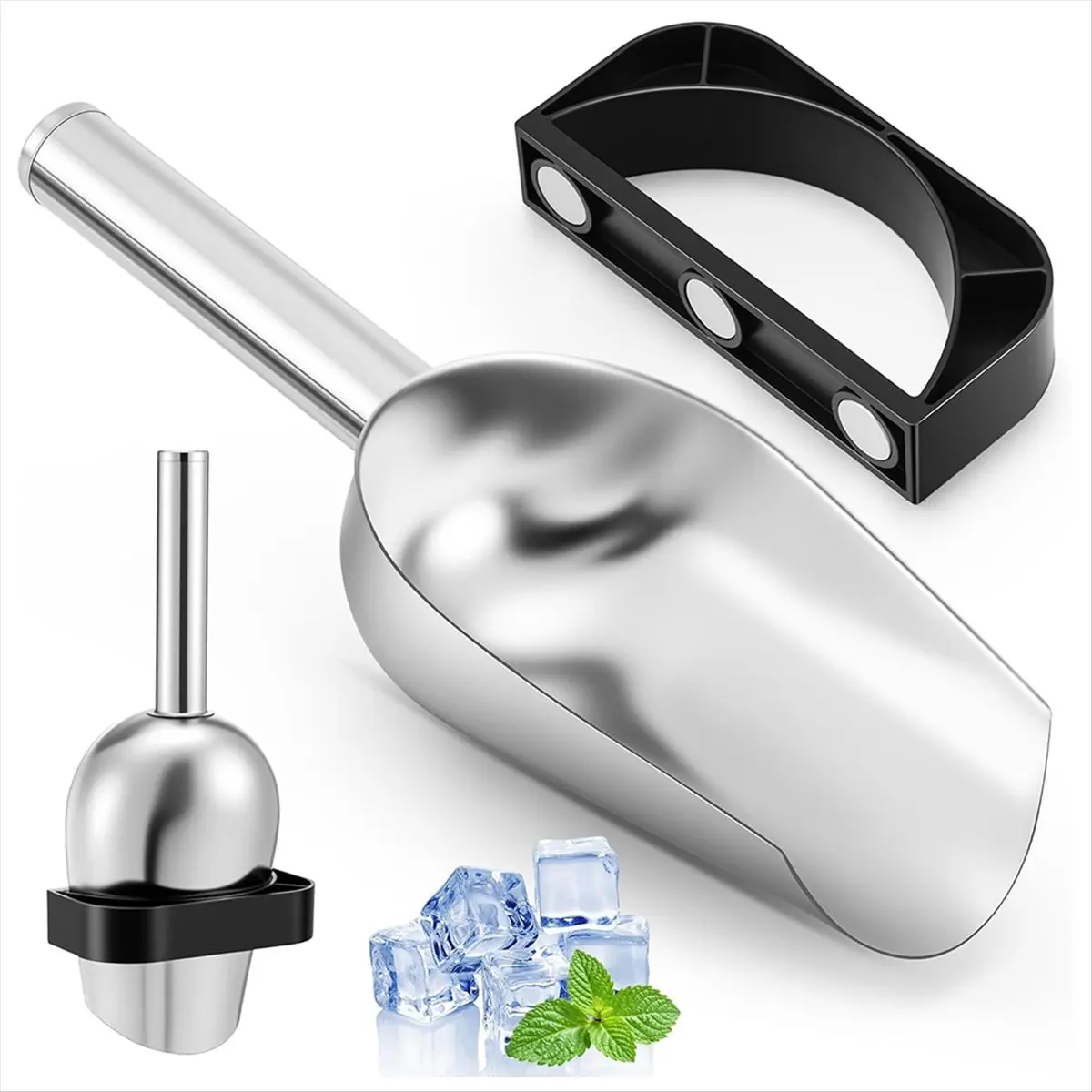 HITL Ice Scoop with Magnetic Scoop Holder for Opal 2.0 Ice Makers, 9 Inch Stainless Steel Silver Scooper