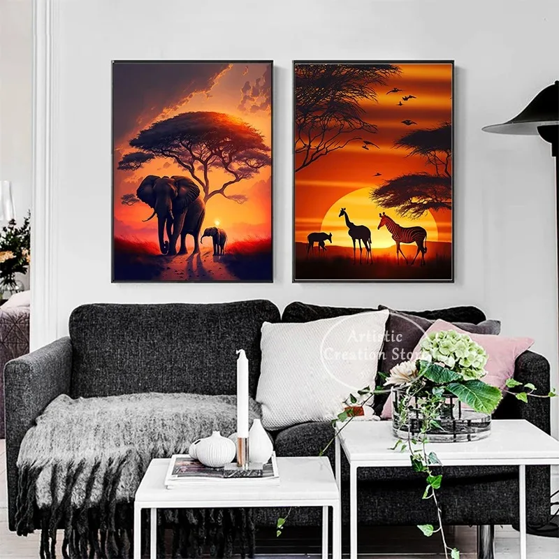 Kenya African Grassland Scenery Elephant Giraffe Animals Sunset Posters Canvas Prints Wall Art Pictures Living Room Home Decor