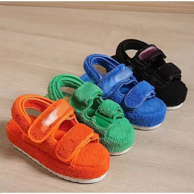 Plush Sandals for Women 2023 New Fashion Platform Shoes Retro Flat  Fluffy Furry Casual Shoes Female Light Round Toe Sandalias