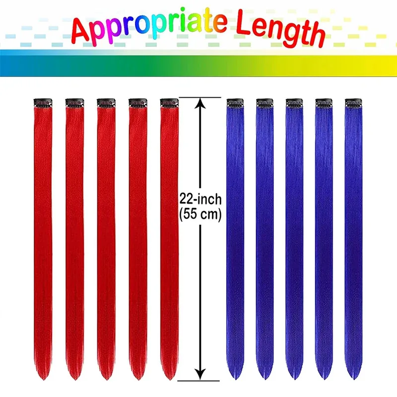 

Wig Synthetic 10 PC Hair Extensions Red And Blue Clip In SOlldag Colored Party Highlights Straight Hairpiece For Kids Girls Wome